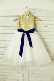 Mint Sequin Ivory Tulle Flower Girl Dress with Navy Blue