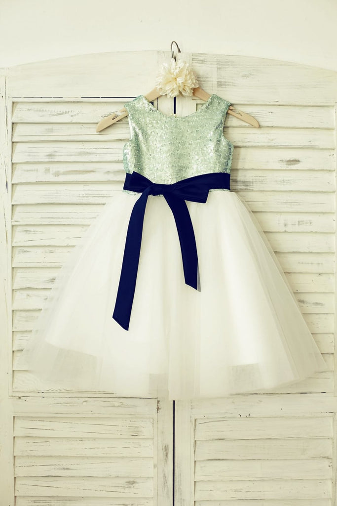 Mint Sequin Ivory Tulle Flower Girl Dress with Navy Blue