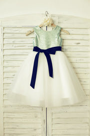 Mint Sequin Ivory Tulle Flower Girl Dress with Navy Blue