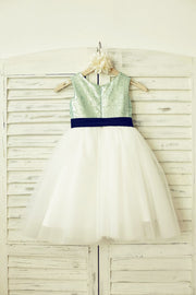 Mint Sequin Ivory Tulle Flower Girl Dress with Navy Blue 