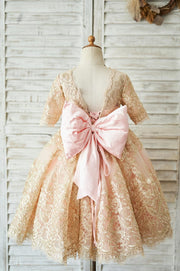 Gold Lace Pink Lining Short Sleeves V Back Wedding Flower