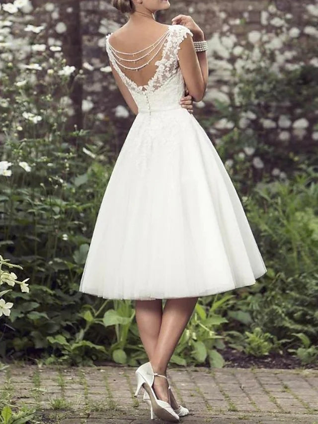 Bridal Shower A-Line Wedding Dress V-Neck Tea Length Lace Tulle Bridal Gown Bridal Shower A-Line Wedding Dress V-Neck Tea Length Lace Tulle Bridal Gown