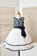 Navy Blue Gold Lace Ivory Tulle Wedding Flower Girl Dress