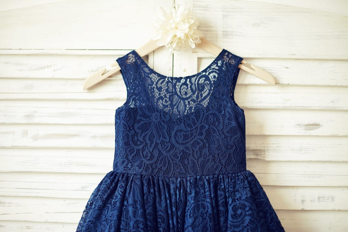 Navy Blue Lace V Back Flower Girl Dress, Big Bow 4T Navy Blue Lace V Back Flower Girl Dress, Big Bow 4T