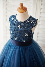Navy Blue Lace Glitter Tulle Beaded Cross Back Wedding