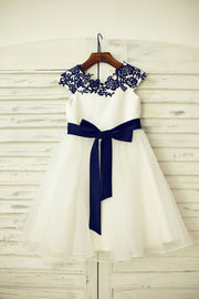 Navy Blue Lace Ivory Satin Organza Flower Girl Dress with 