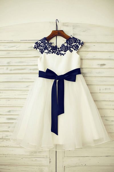 Navy Blue Lace Ivory Satin Organza Flower Girl Dress with 