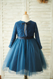 Navy Blue Lace Tulle Long Sleeves Wedding Flower Girl Dress