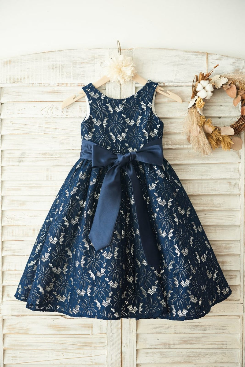 Navy Blue Lace Wedding Flower Girl Dress, Belt Princessly