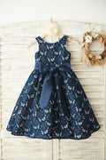 Navy Blue Lace Wedding Flower Girl Dress, Belt