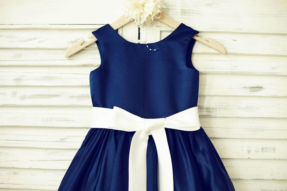 Navy Blue Satin Ivory Stripes Flower Girl Dress, Belt 2T