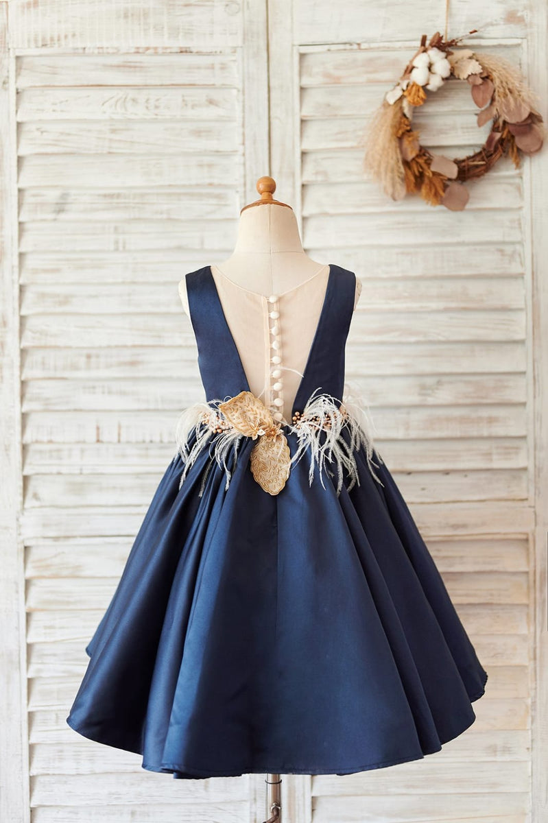 Navy Blue Satin V Neck Wedding Party Flower Girl Dress, Feather