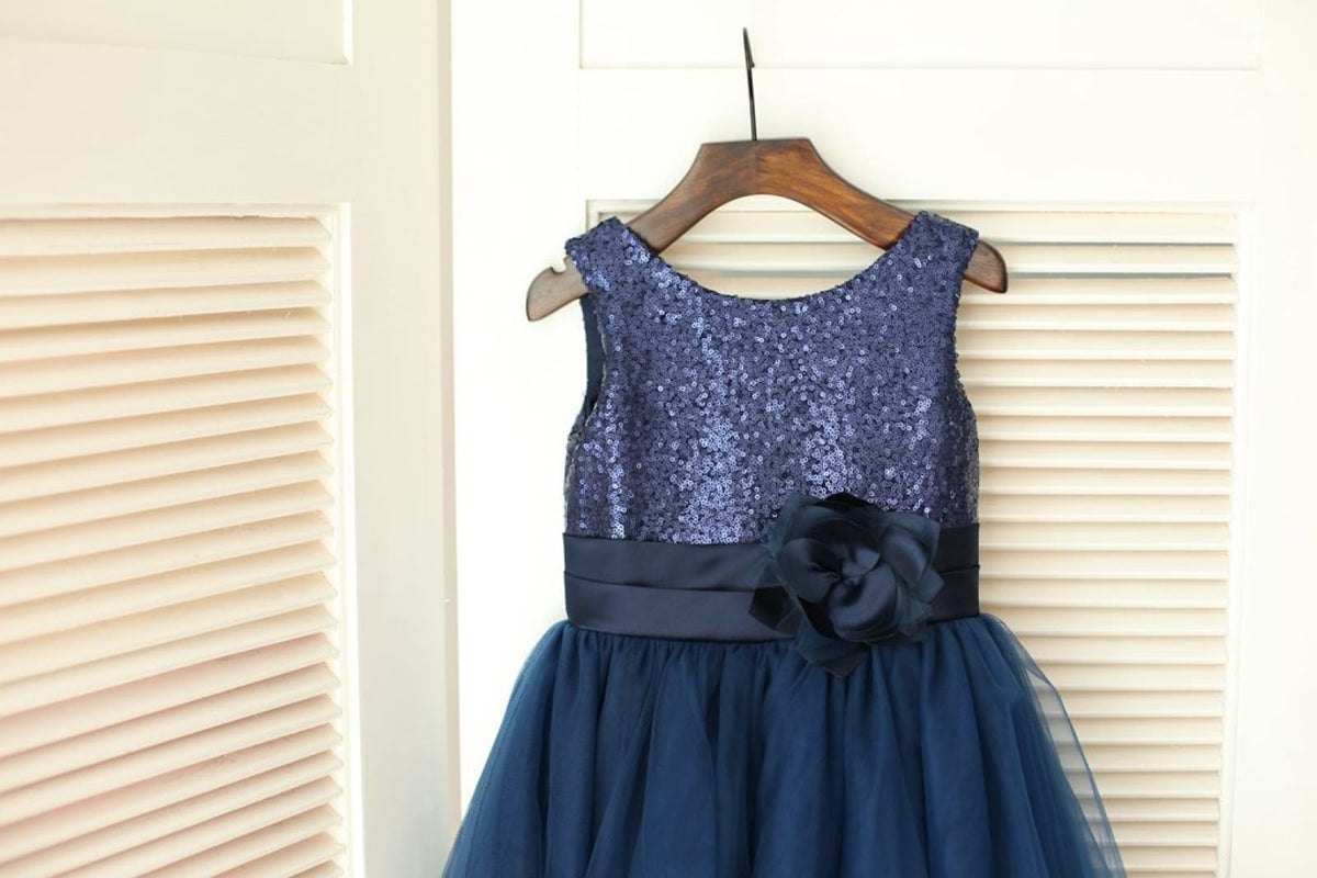 Navy Blue Sequin Tulle Wedding Flower Girl Dress, Curly Hem Custom Size