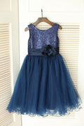 Navy Blue Sequin Tulle Wedding Flower Girl Dress, Curly Hem