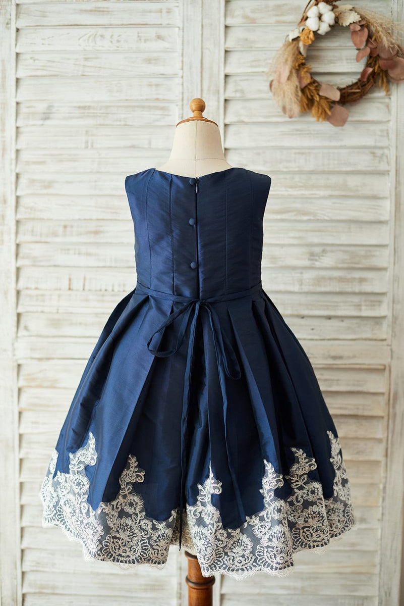 Navy Blue Taffeta Silver Lace Wedding Flower Girl Dress 4T Navy Blue Taffeta Silver Lace Wedding Flower Girl Dress 4T
