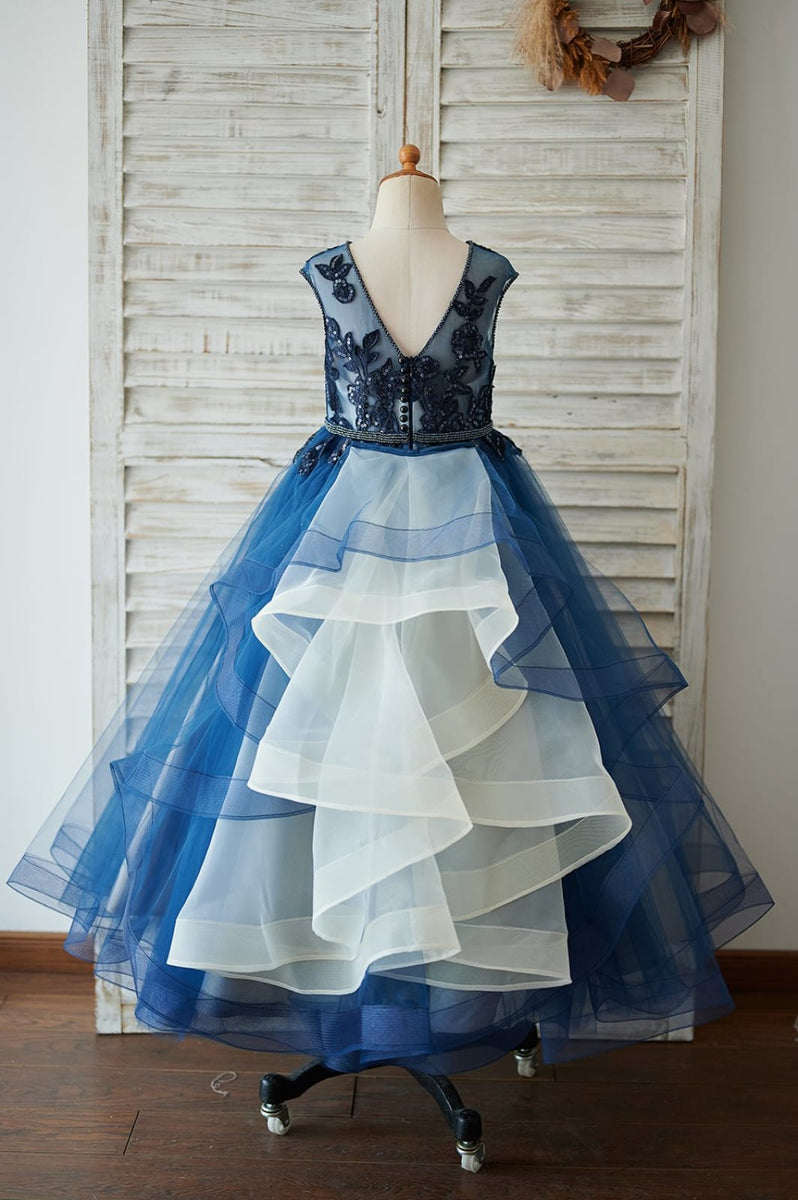 Navy Blue Lace Glitter Tulle Beaded Cross Back Wedding Flower Girl Dress main image 1