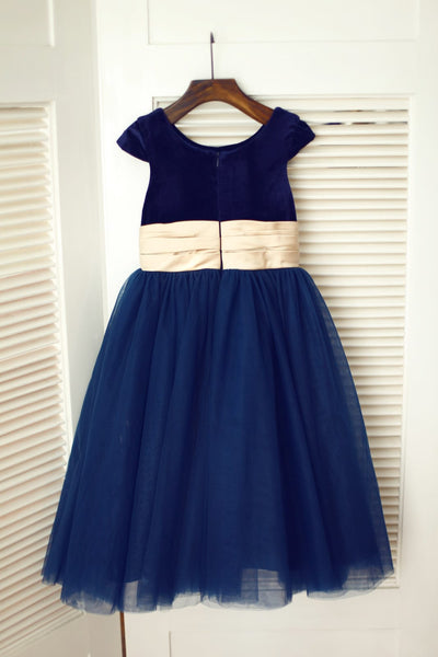 Navy Blue Velvet Tulle Cap Sleeve Wedding Flower Girl Dress