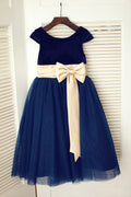 Navy Blue Velvet Tulle Cap Sleeve Wedding Flower Girl Dress