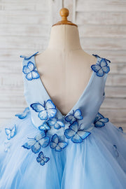 V Neck Blue Satin Butterfly Wedding Flower Girl Dress with 