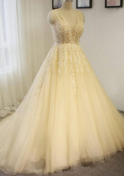 V-Neck Chapel Train A-Line Champagne Tulle Wedding Dress -