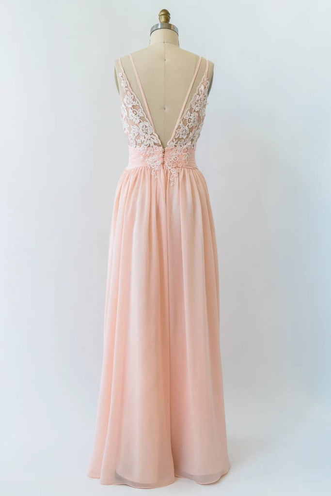 V Neck Double-strap Lace Blush Pink Chiffon Long Bridesmaid