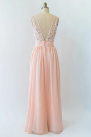 V Neck Double-strap Lace Blush Pink Chiffon Long Bridesmaid