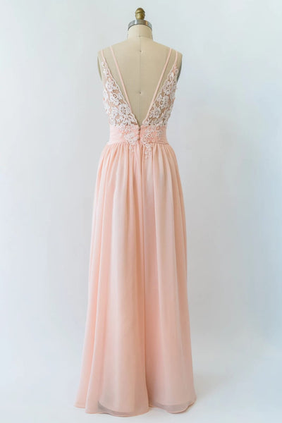 V Neck Double-strap Lace Blush Pink Chiffon Long Bridesmaid