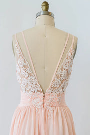 V Neck Double-strap Lace Blush Pink Chiffon Long Bridesmaid