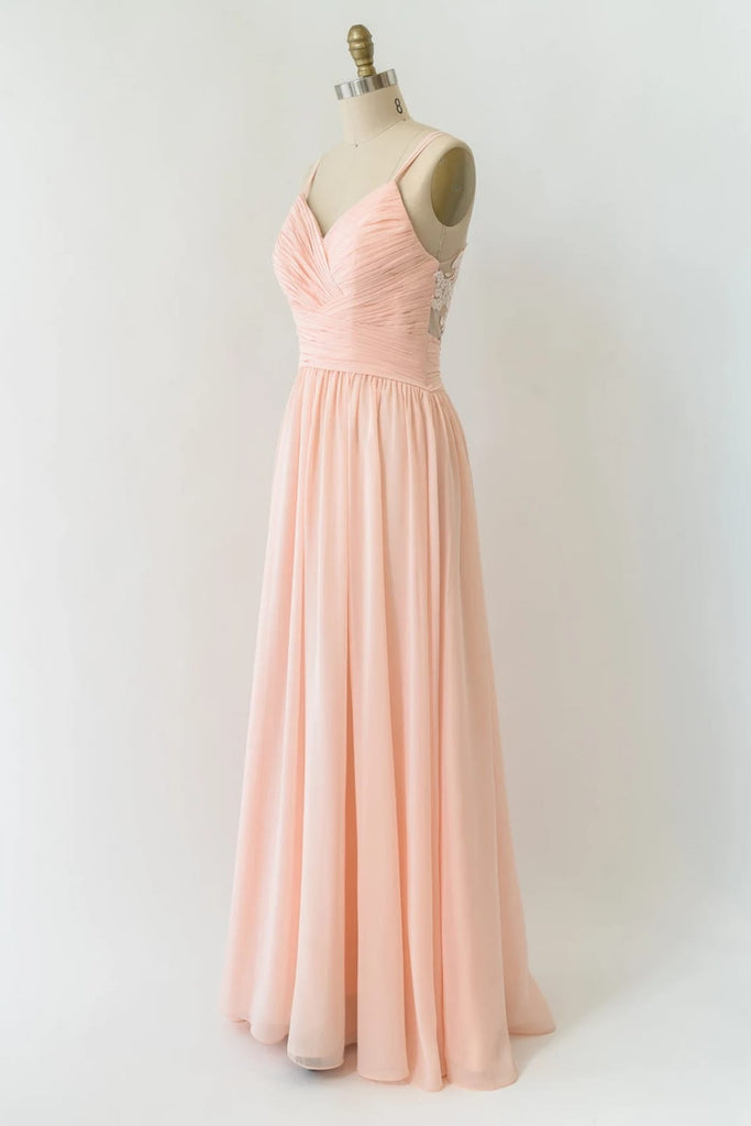 V Neck Double-strap Lace Blush Pink Chiffon Long Bridesmaid