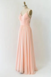 V Neck Double-strap Lace Blush Pink Chiffon Long Bridesmaid