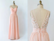 V Neck Double-strap Lace Blush Pink Chiffon Long Bridesmaid