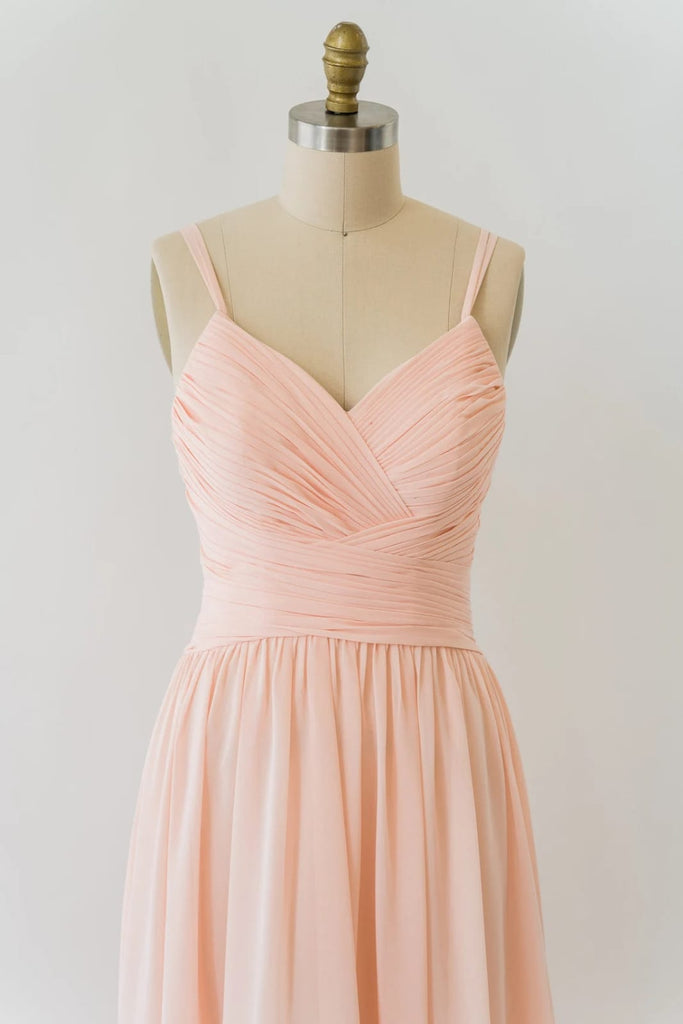 V Neck Double-strap Lace Blush Pink Chiffon Long Bridesmaid