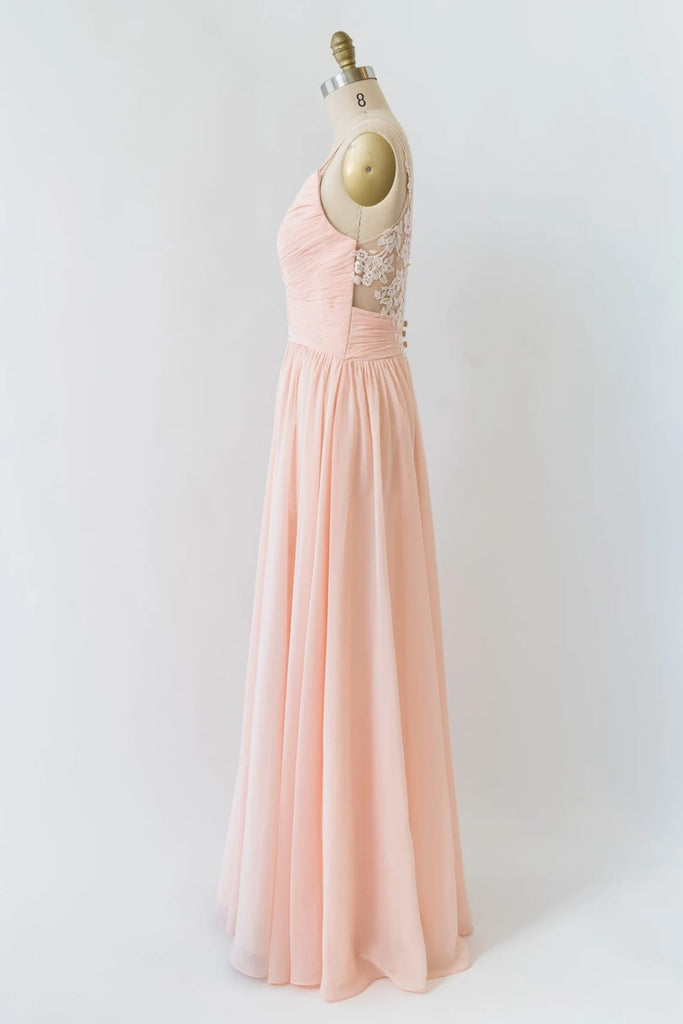 V Neck Double-strap Lace Blush Pink Chiffon Long Bridesmaid