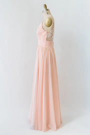 V Neck Double-strap Lace Blush Pink Chiffon Long Bridesmaid