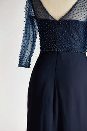 V Neck Elbow Length Sleeves Navy Blue Beaded Chiffon Tulle