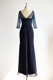 V Neck Elbow Length Sleeves Navy Blue Beaded Chiffon Tulle
