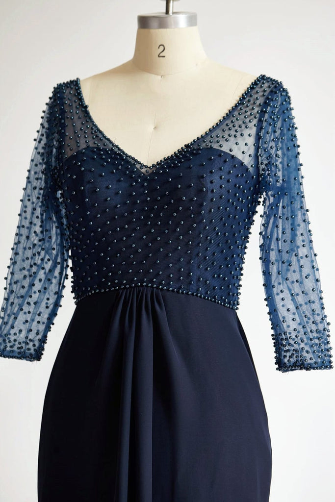 V Neck Elbow Length Sleeves Navy Blue Beaded Chiffon Tulle