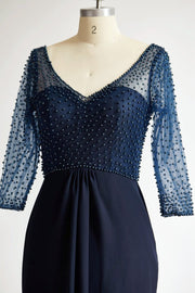 V Neck Elbow Length Sleeves Navy Blue Beaded Chiffon Tulle