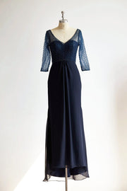 V Neck Elbow Length Sleeves Navy Blue Beaded Chiffon Tulle 