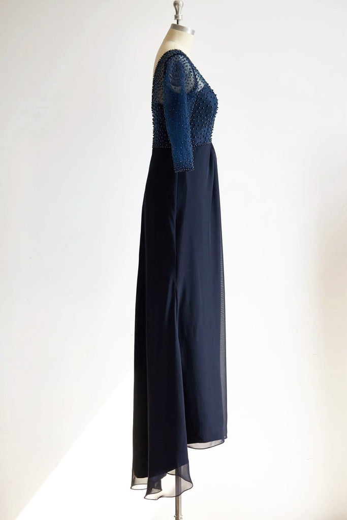 V Neck Elbow Length Sleeves Navy Blue Beaded Chiffon Tulle