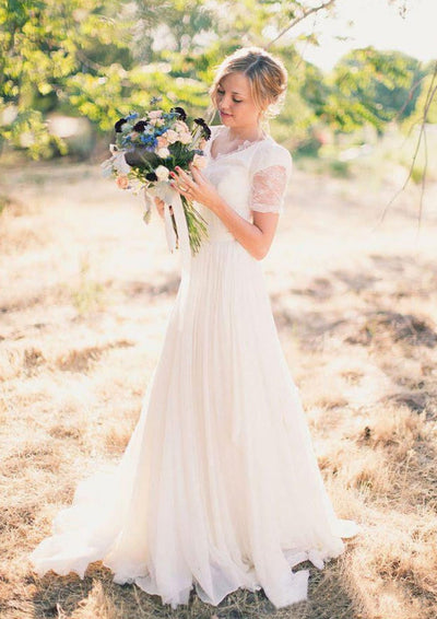 V-Neck Floor Length Lace Chiffon A-line Wedding Dress Sash -