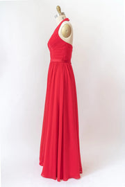 V Neck Halter Sleeveless Backless Red Chiffon Bridesmaid