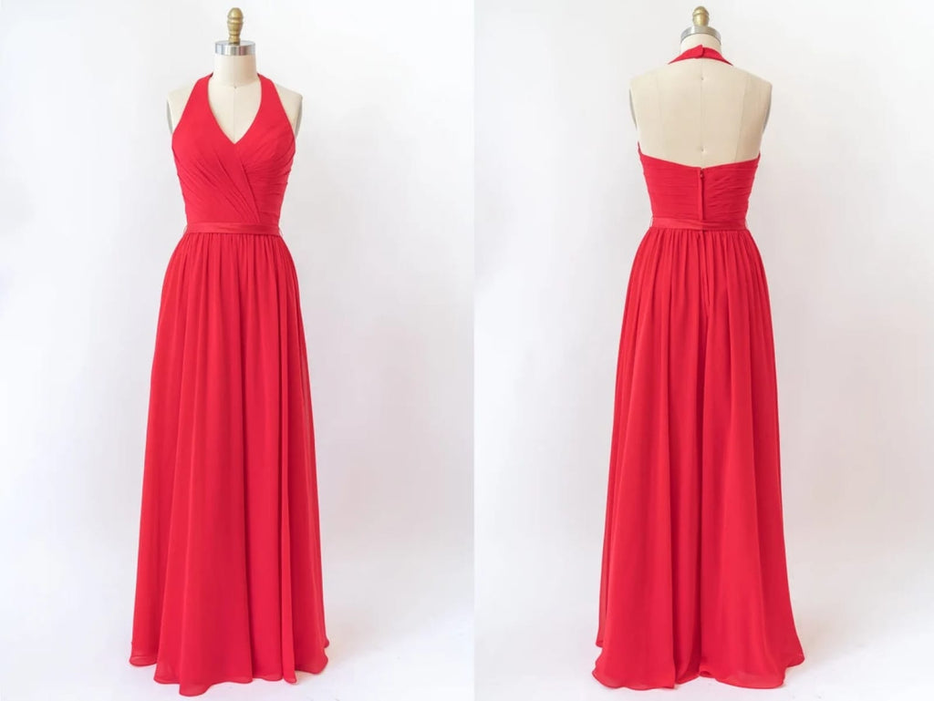 V Neck Halter Sleeveless Backless Red Chiffon Bridesmaid