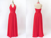 V Neck Halter Sleeveless Backless Red Chiffon Bridesmaid