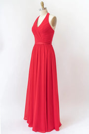V Neck Halter Sleeveless Backless Red Chiffon Bridesmaid