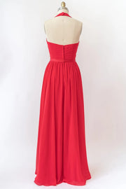 V Neck Halter Sleeveless Backless Red Chiffon Bridesmaid