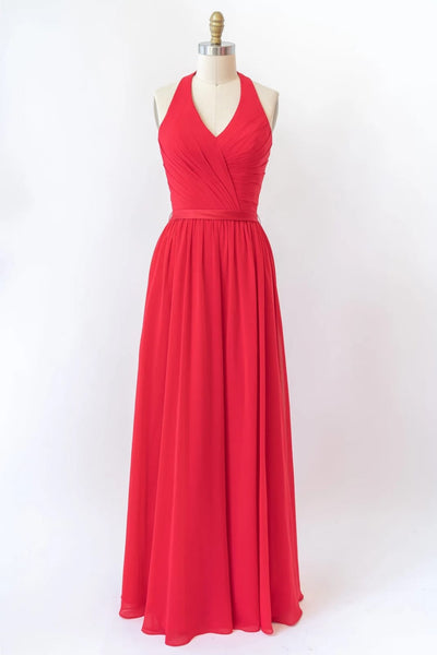 V Neck Halter Sleeveless Backless Red Chiffon Bridesmaid