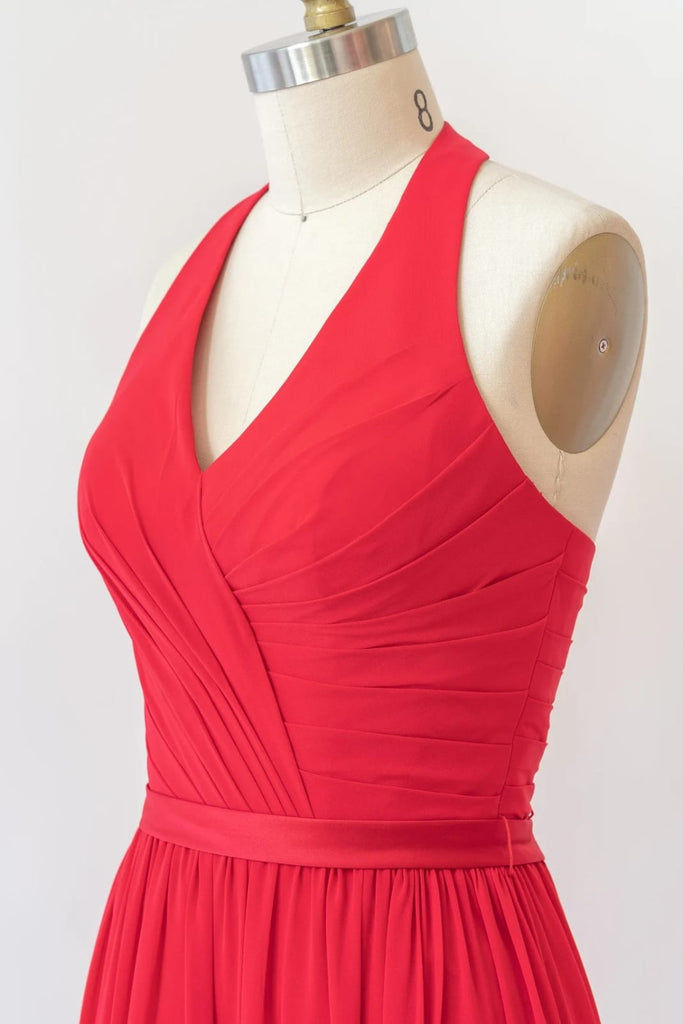 V Neck Halter Sleeveless Backless Red Chiffon Bridesmaid
