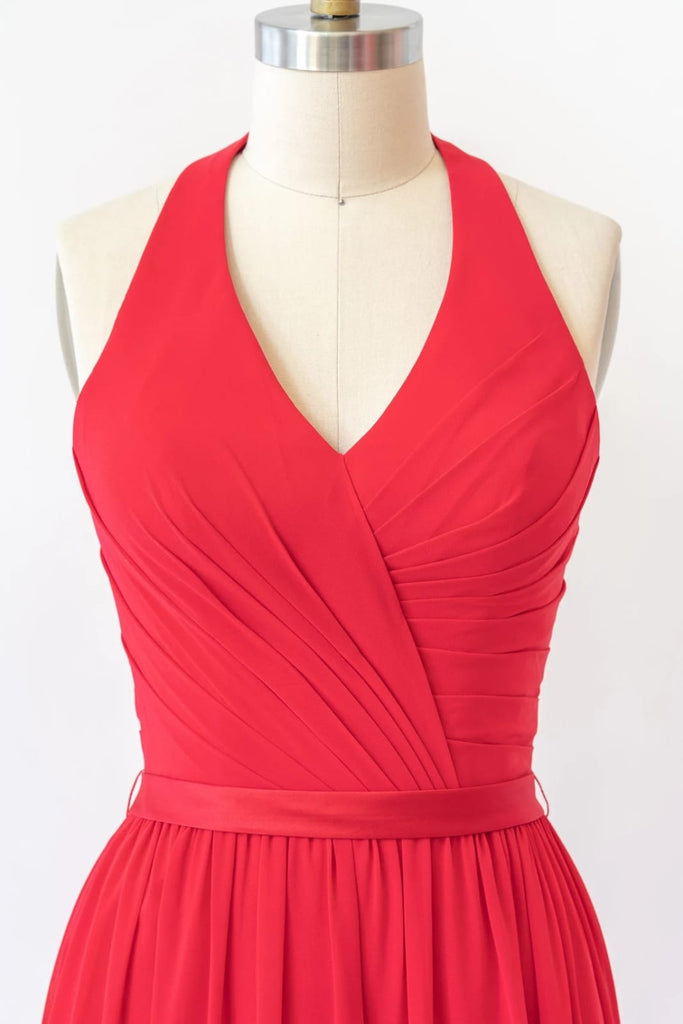 V Neck Halter Sleeveless Backless Red Chiffon Bridesmaid