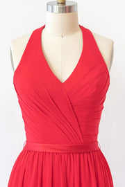 V Neck Halter Sleeveless Backless Red Chiffon Bridesmaid